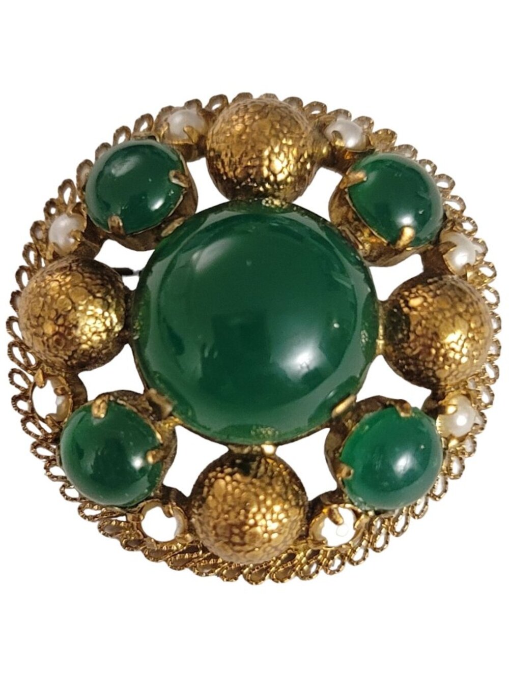 Gold Tone Green Glass Cabochon Round Cluster Faux Pearl Pin Brooch E36